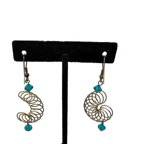 Handcrafted‎ Earrings Blue Beaded Crystal Pierced Spiral Loops Dangle Wire - Picture 2 of 8